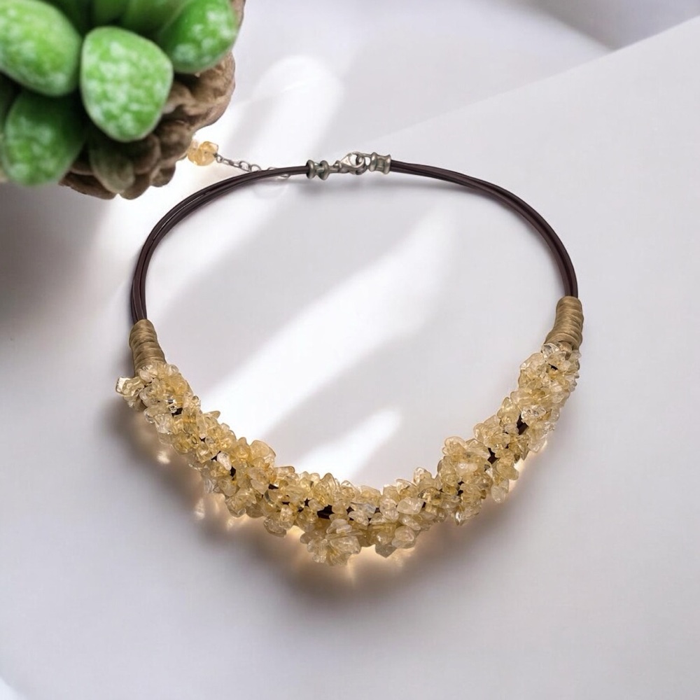 Vintage Handcrafted Genuine Citrine Chip and Leather Necklace Statement Pc